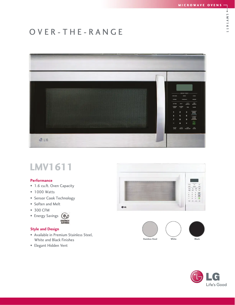 Page 1 de la notice Fiche technique LG LMV1611SW