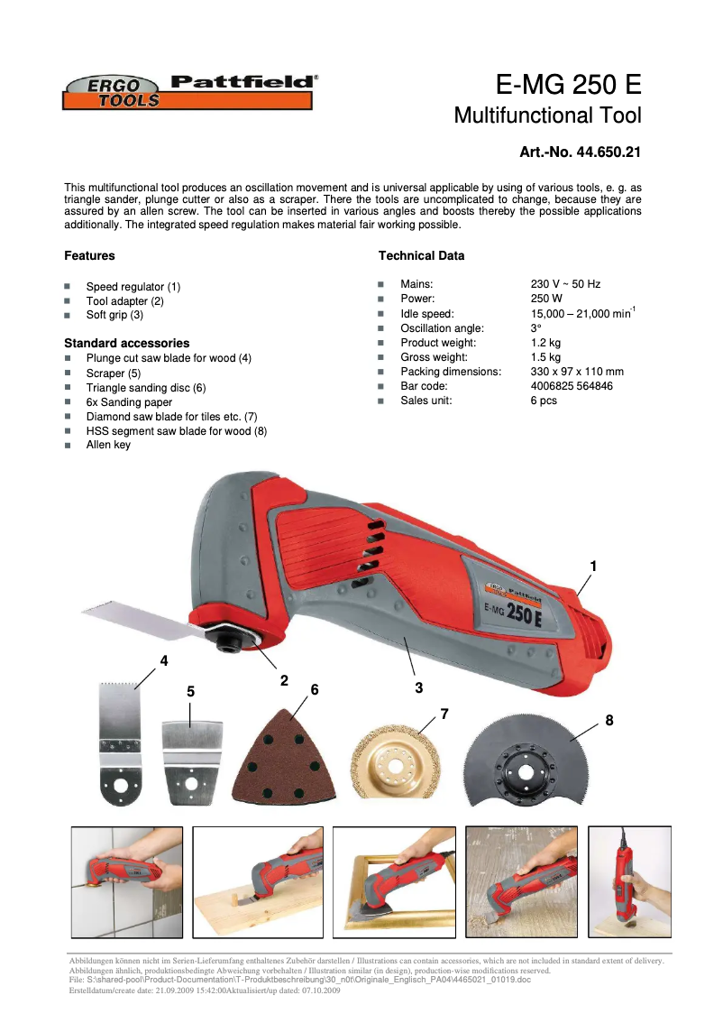 Page n°1 - Manuel utilisateur Ergotools Pattfield E-MG 250 E