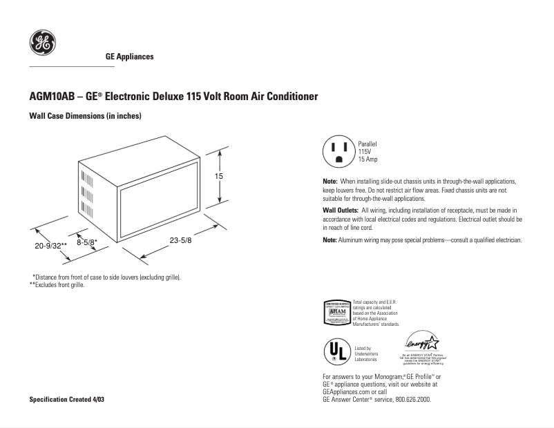Page 1 de la notice Fiche technique GE AGM10AB