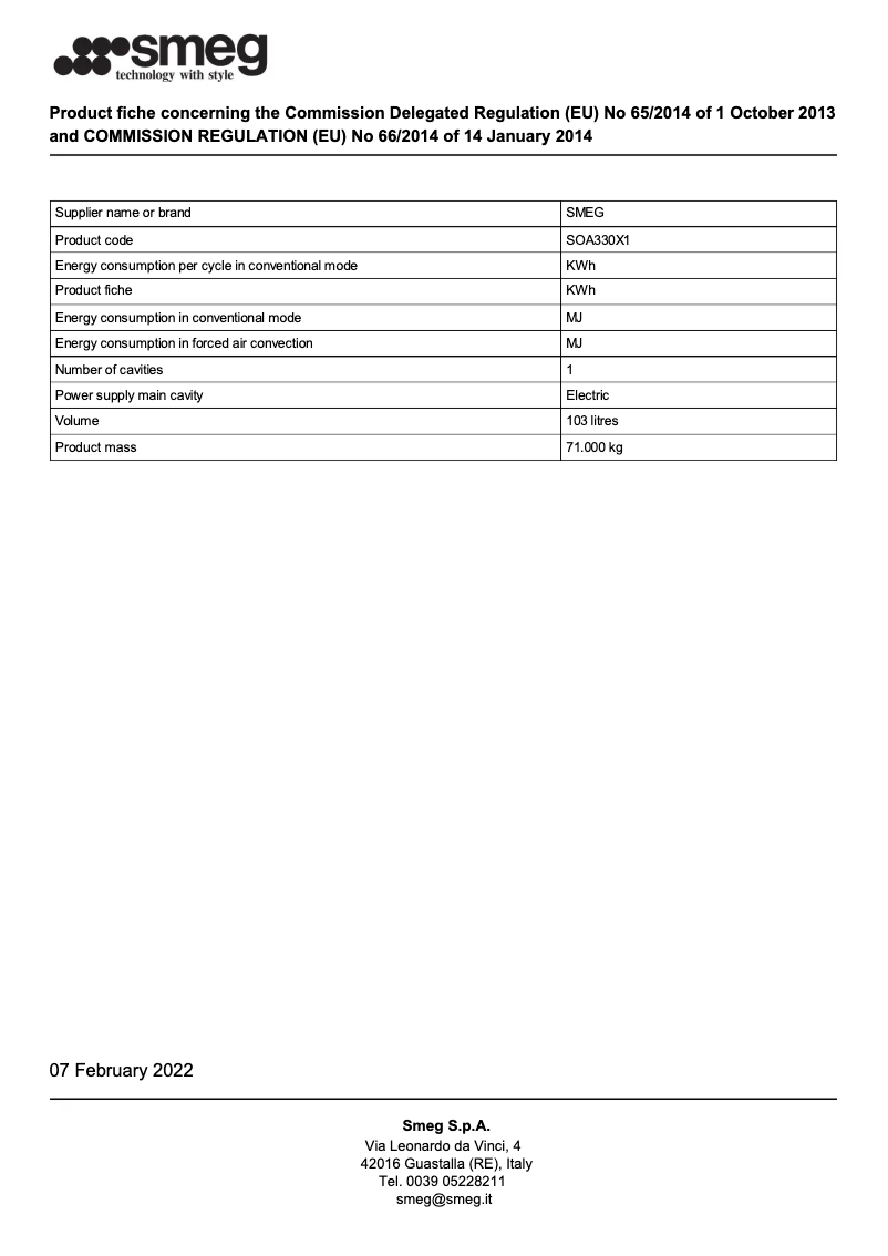 Page 1 de la notice Brochure Smeg SOA330X1
