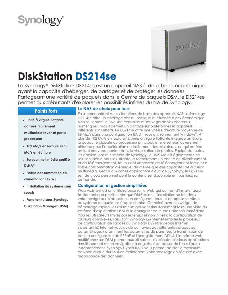 Page 1 de la notice Fiche technique Synology DiskStation DS214se