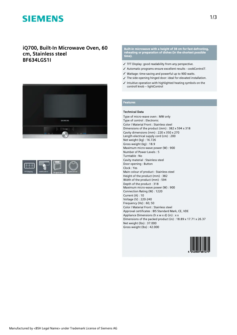Page n°1 - Fiche technique Siemens BF634LGS1I