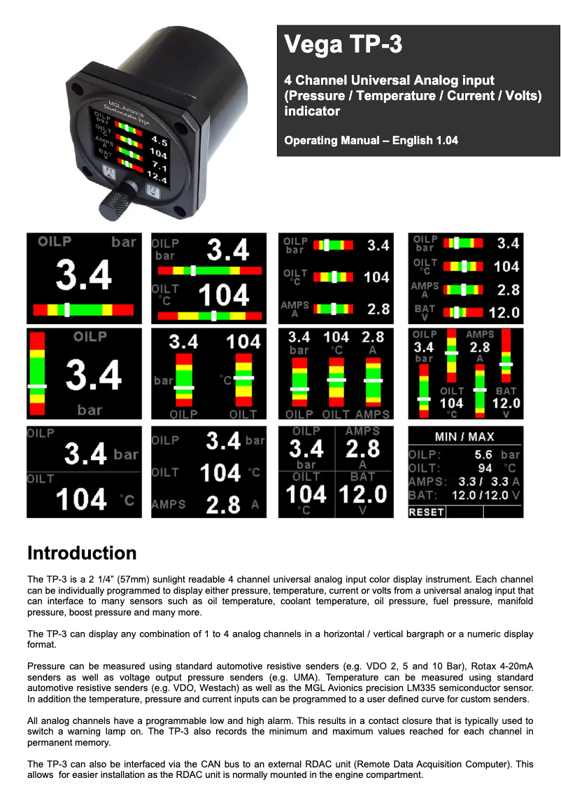 Page n°1 - Manuel utilisateur MGL Avionics Vega TP-3