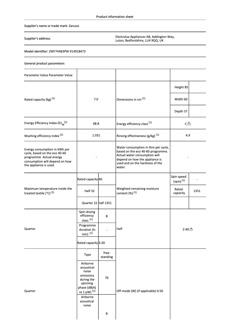 Image de la première page du manuel de l'appareil ZWF744B3PW