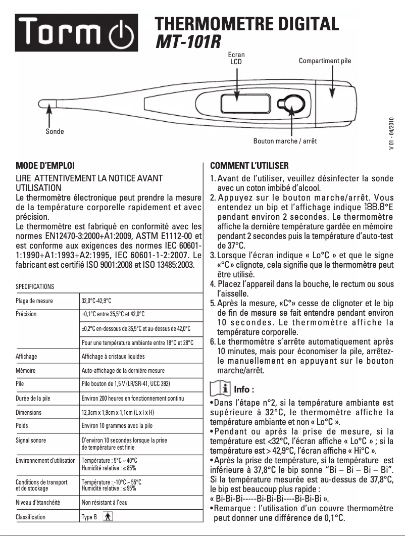 Page 1 de la notice Manuel utilisateur Torm MT-101R