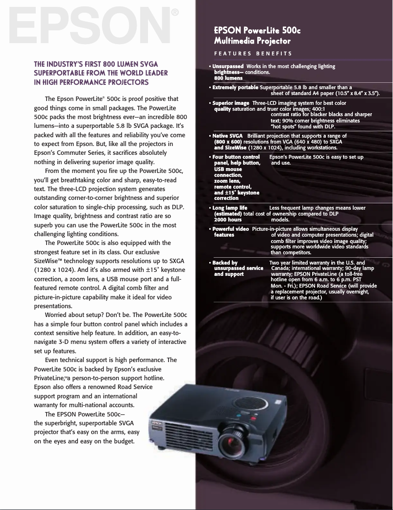 Imagen de la primera página del manual del dispositivo PowerLite 500c