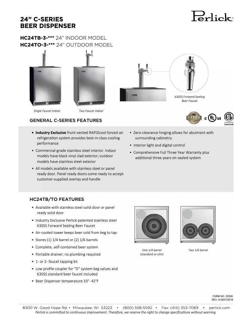 Page 1 de la notice Fiche technique Perlick C-Series HC24TB-3-1L2