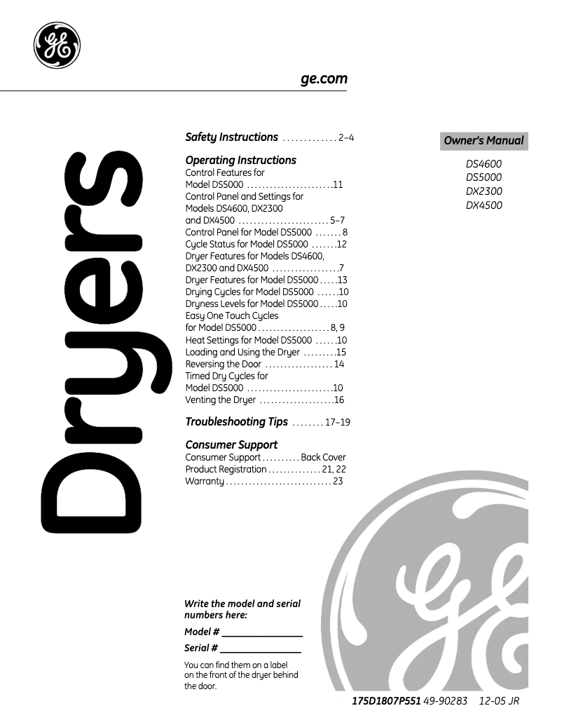 Page n°1 - Manuel d'utilisation et d'entretien GE DS5000EEWW