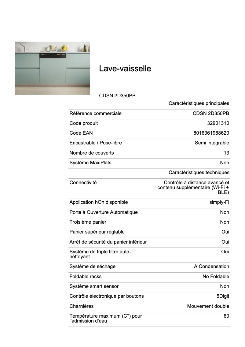 Página 1 del manual Ficha técnica Candy CDSN 2D350PB