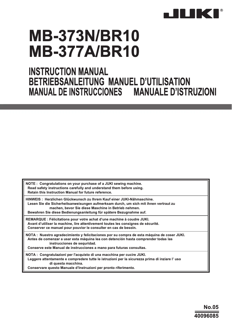 Page n°1 - Manuel utilisateur Juki MB-1800