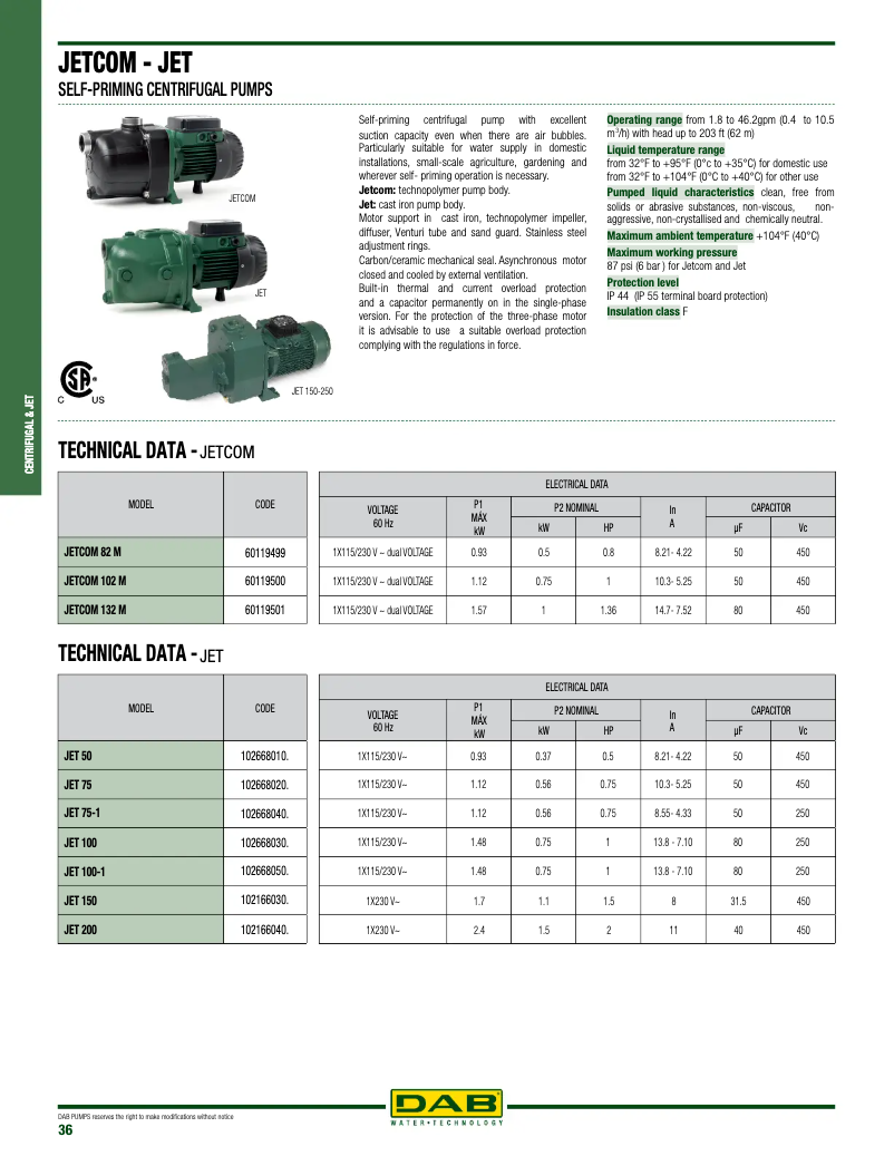 Page 1 de la notice Fiche technique DAB JetCom