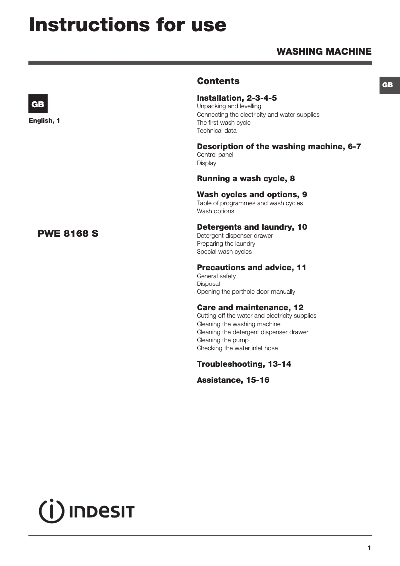 Page 1 de la notice Manuel utilisateur Indesit PWE 8168 S