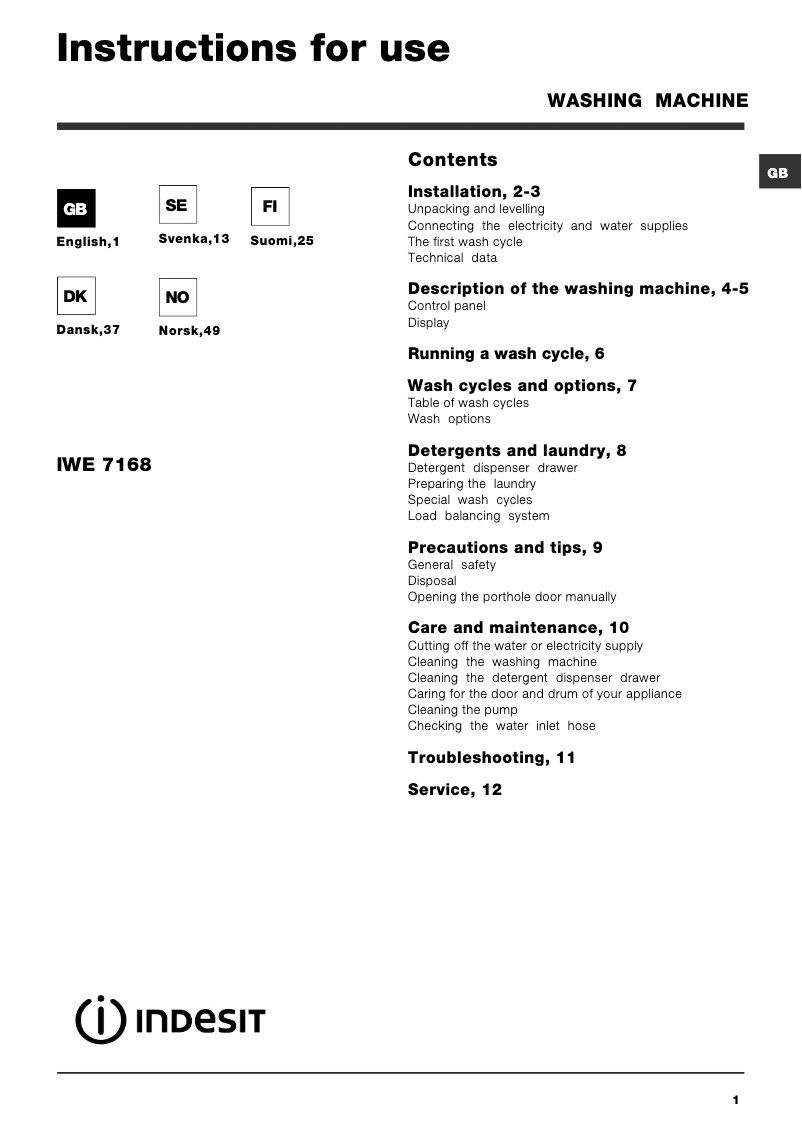 Page n°1 - Manuel utilisateur Indesit IWE 7168 B (EU)