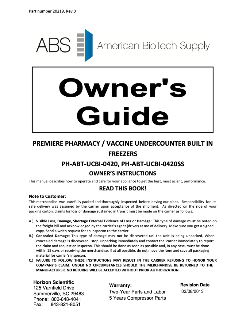 Page 1 de la notice Manuel d'utilisation et d'entretien American BioTech Supply ABT-HC-UCBI-0420-ADA