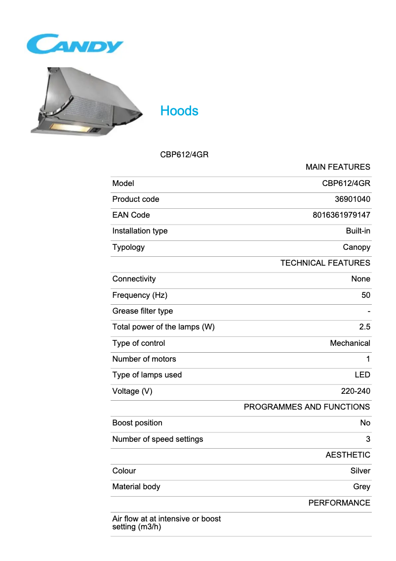 Page 1 de la notice Fiche technique Candy CBP612/4GR