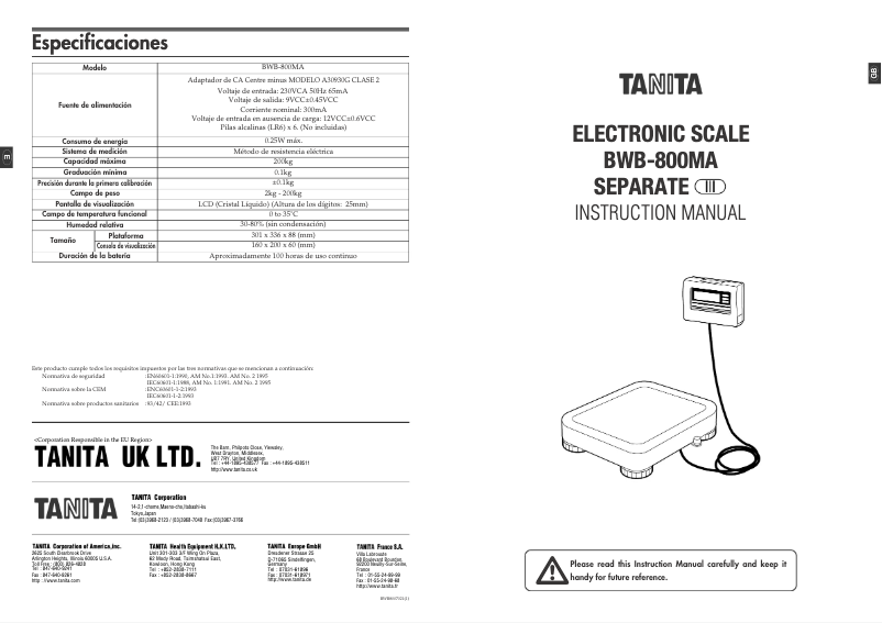Página 1 del manual Manual de usuario Tanita BWB-800MA