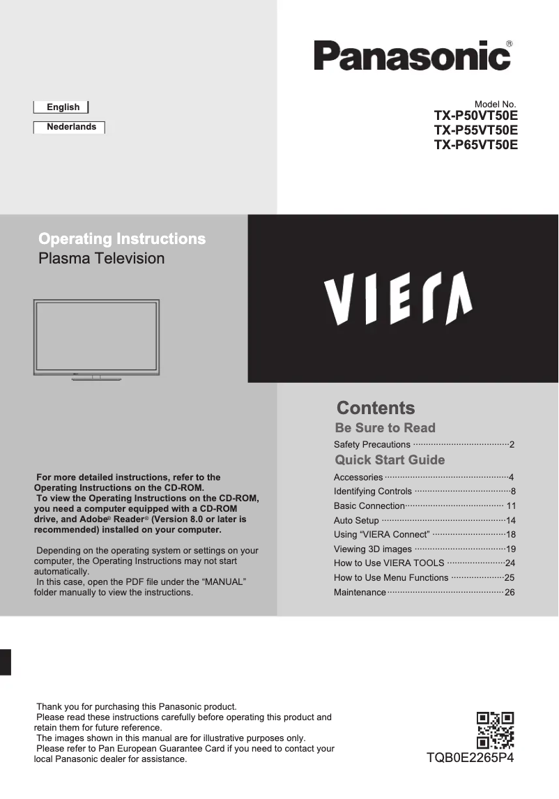 Page 1 de la notice Manuel utilisateur Panasonic TX-P50VT50E