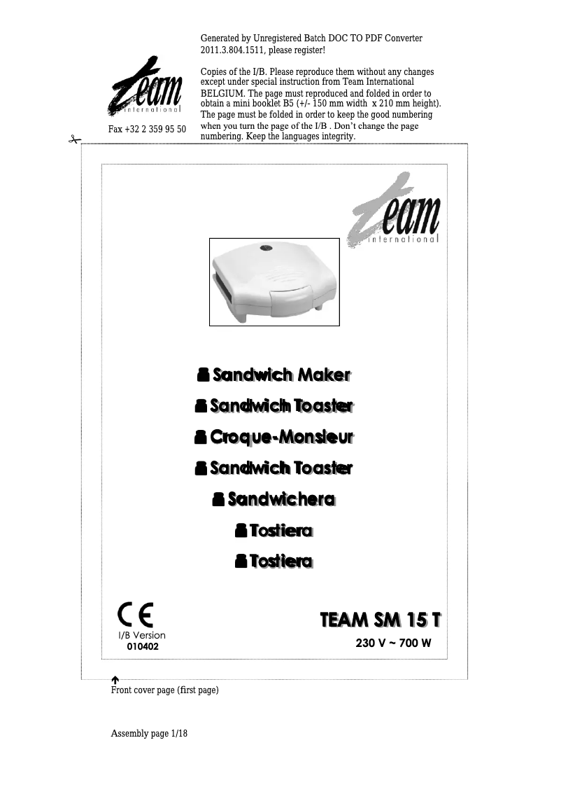 Page n°1 - Manuel utilisateur Team SM 15 T