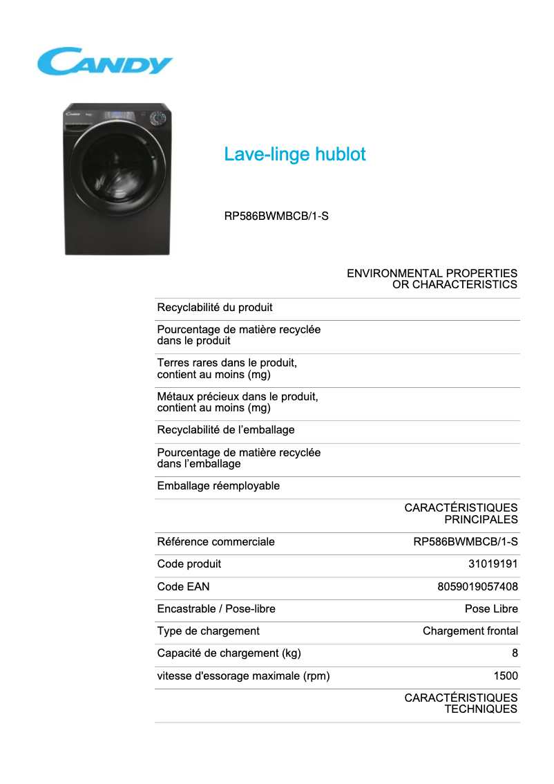 Page 1 de la notice Fiche technique Candy RP586BWMBCB/1-S