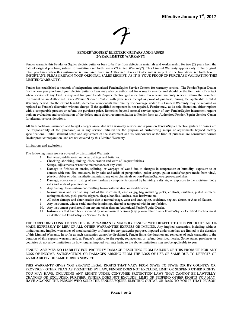 Page 1 de la notice Informations de garantie Fender Johnny Marr Jaguar