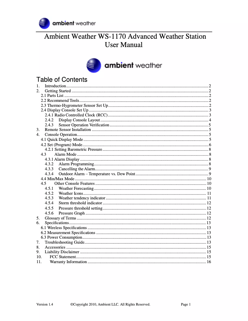 Image de la première page du manuel de l'appareil WS-1170