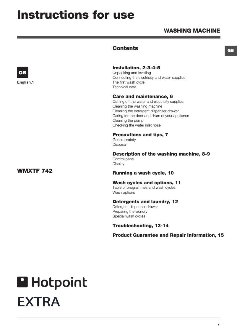 Page n°1 - Manuel utilisateur Hotpoint WMXTF 742P UK.M