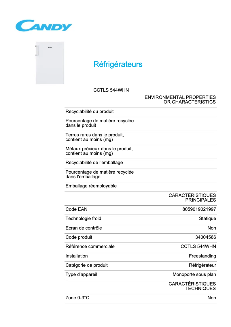 Page n°1 - Fiche technique Candy CCTLS 544WHN