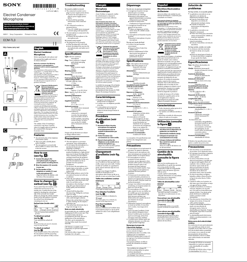 Page 1 de la notice Manuel utilisateur Sony ECM-TL3