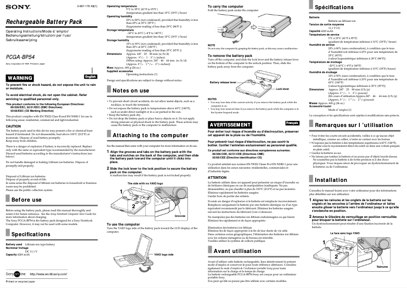 Page n°1 - Manuel utilisateur Sony PCGA-BP54