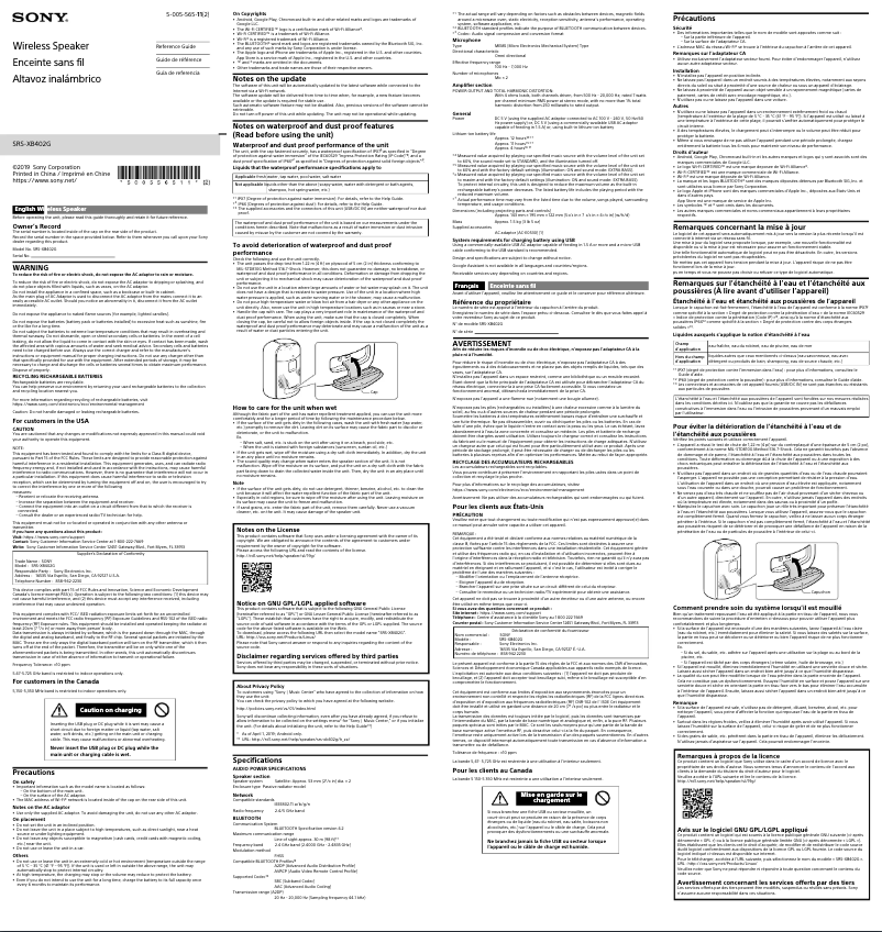 Image de la première page du manuel de l'appareil SRS-XB402G