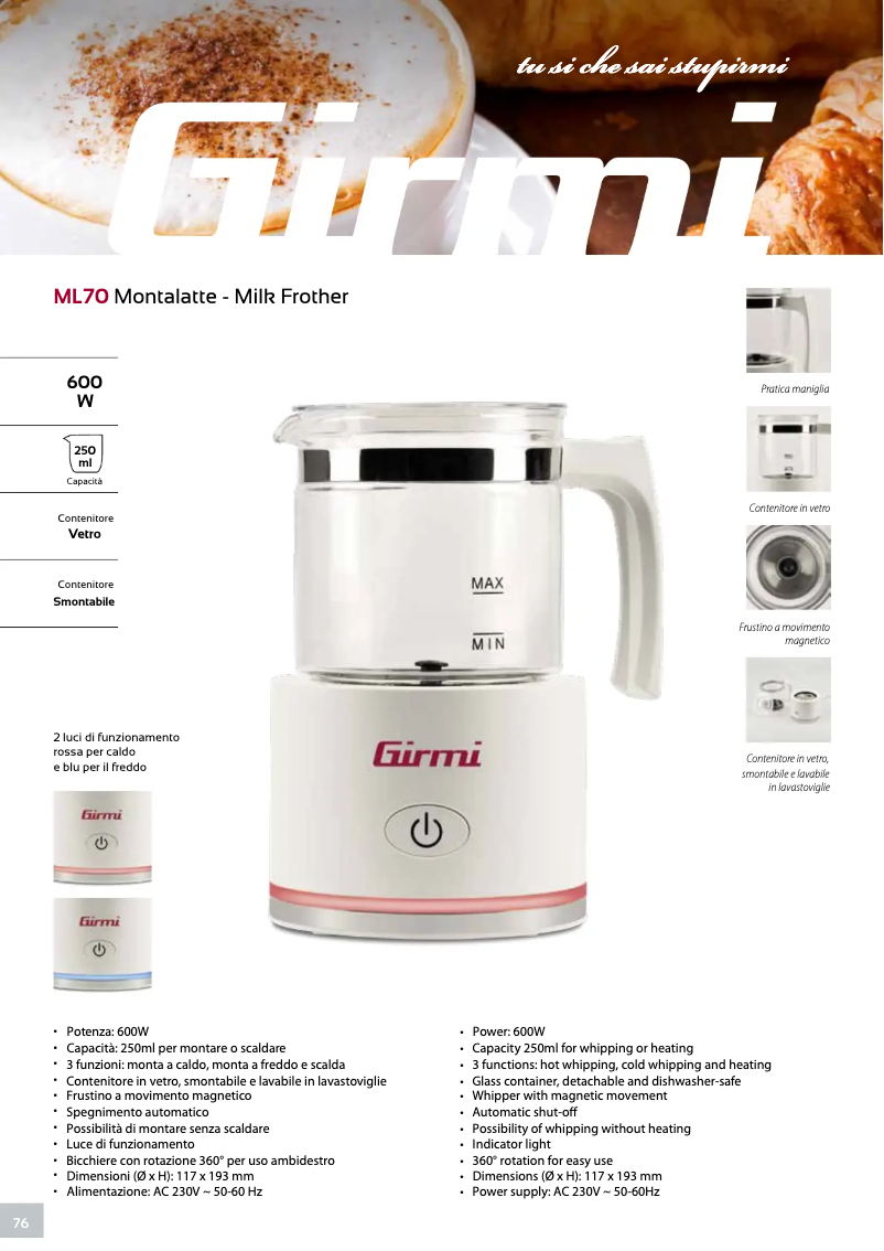 Page 1 de la notice Fiche technique Girmi ML70