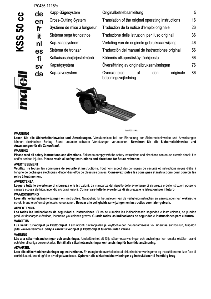 Page 1 de la notice Manuel utilisateur Mafell KSS 50 cc
