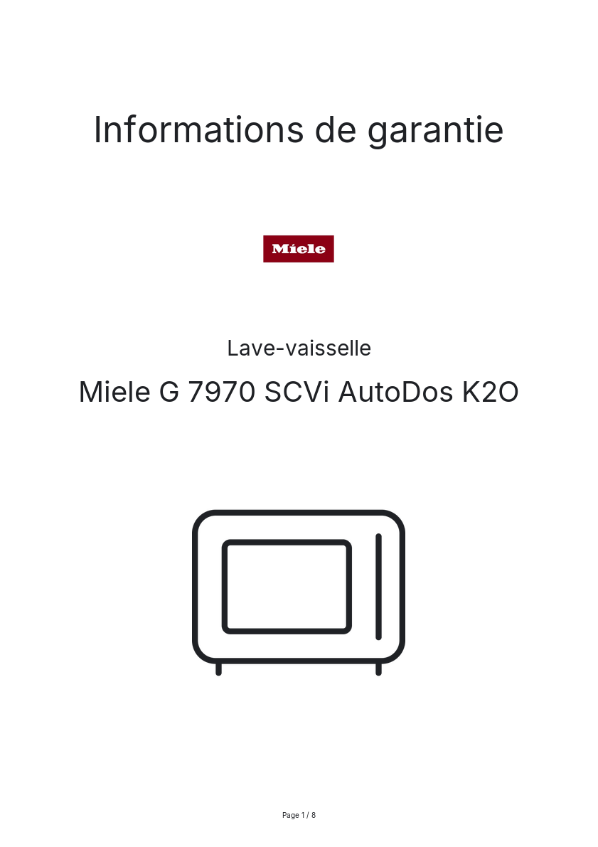 Page n°1 - Informations de garantie Miele G 7970 SCVi AutoDos K2O