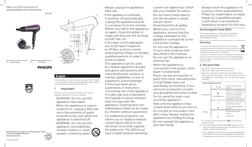 Page n°1 - Manuel utilisateur Philips DryCare Advanced BHD188