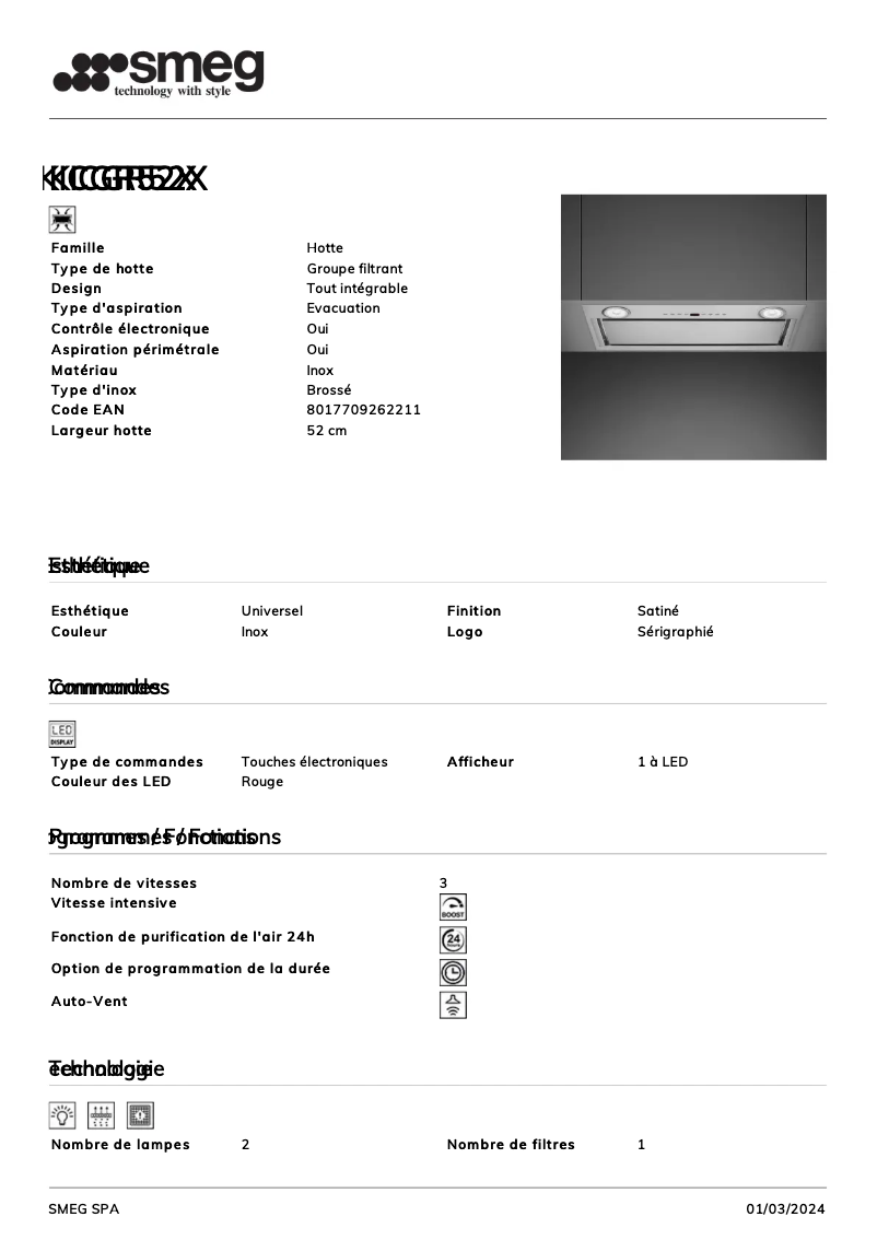 Page n°1 - Fiche technique Smeg KICGR52X
