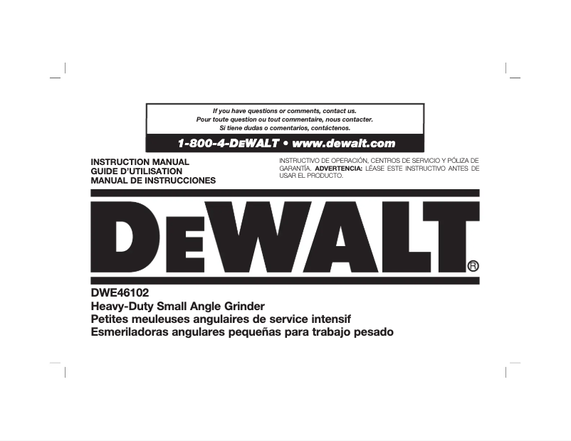 Page 1 de la notice Manuel d'utilisation et d'entretien DeWalt DWE46102