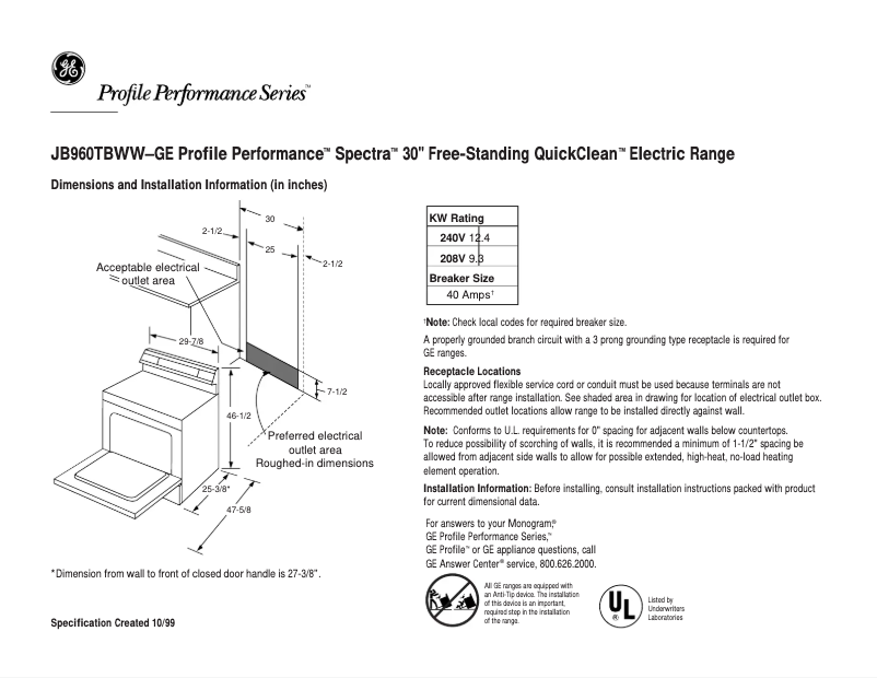Page n°1 - Fiche technique GE Profile Spectra 30" Free-Standing QuickClean JB960TBWW
