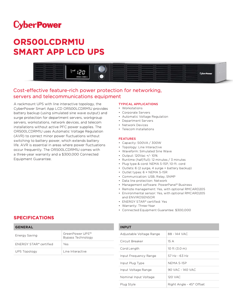 Page 1 de la notice Fiche technique CyberPower OR500LCDRM1U