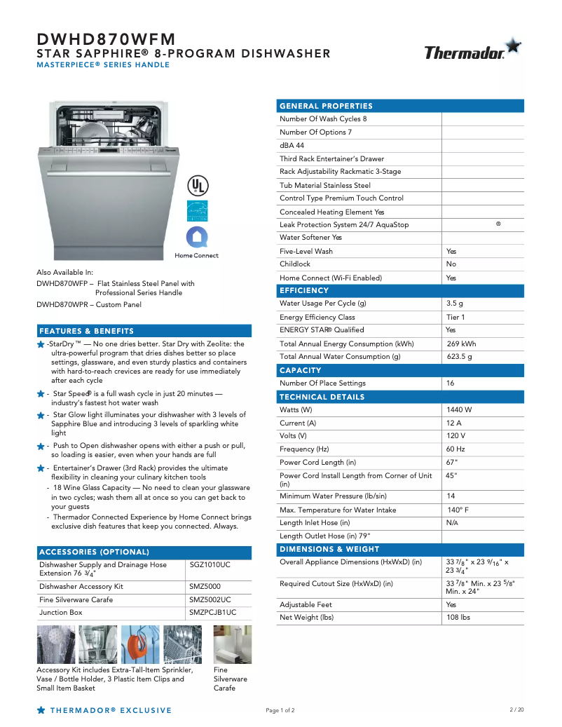 Page n°1 - Fiche technique Thermador DWHD870WFM