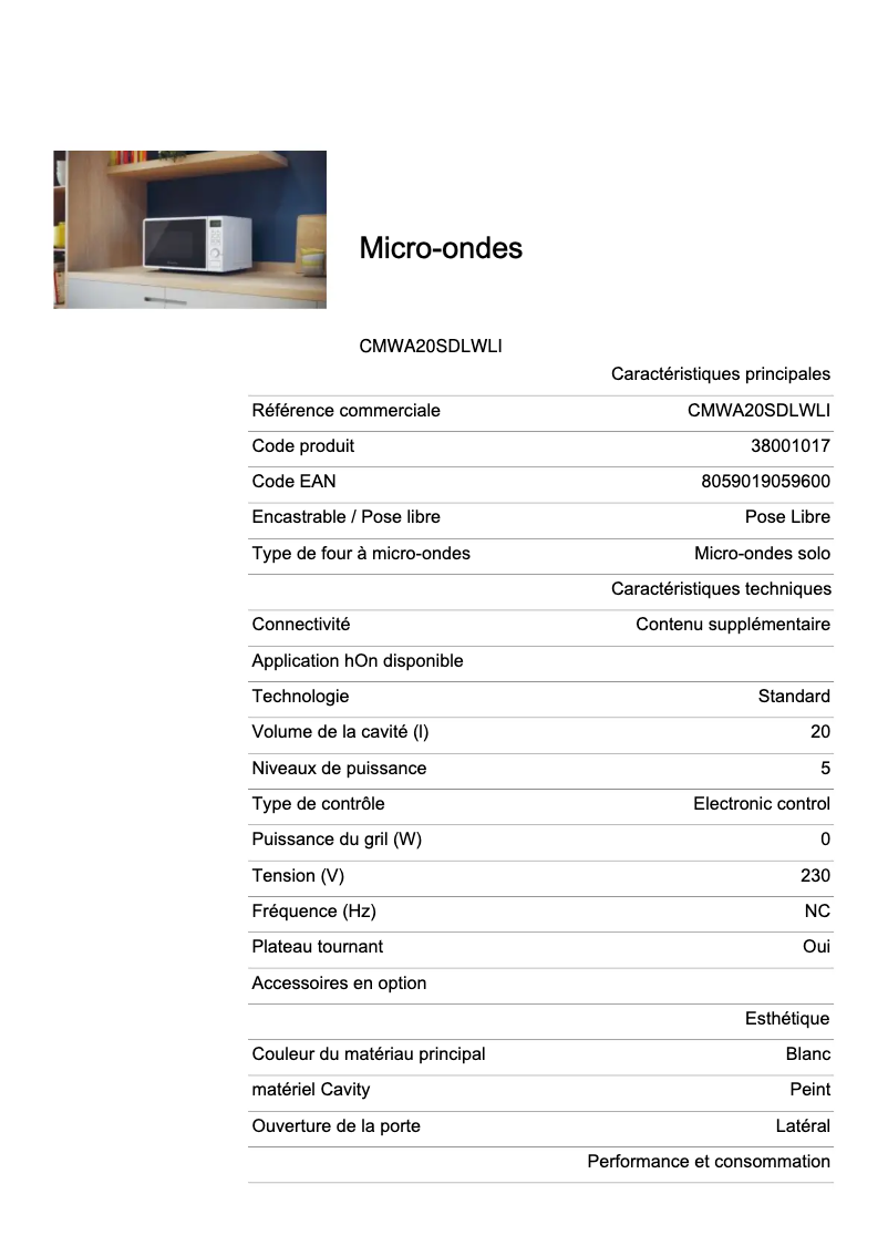 Page 1 de la notice Fiche technique Candy CMWA20SDLWLI