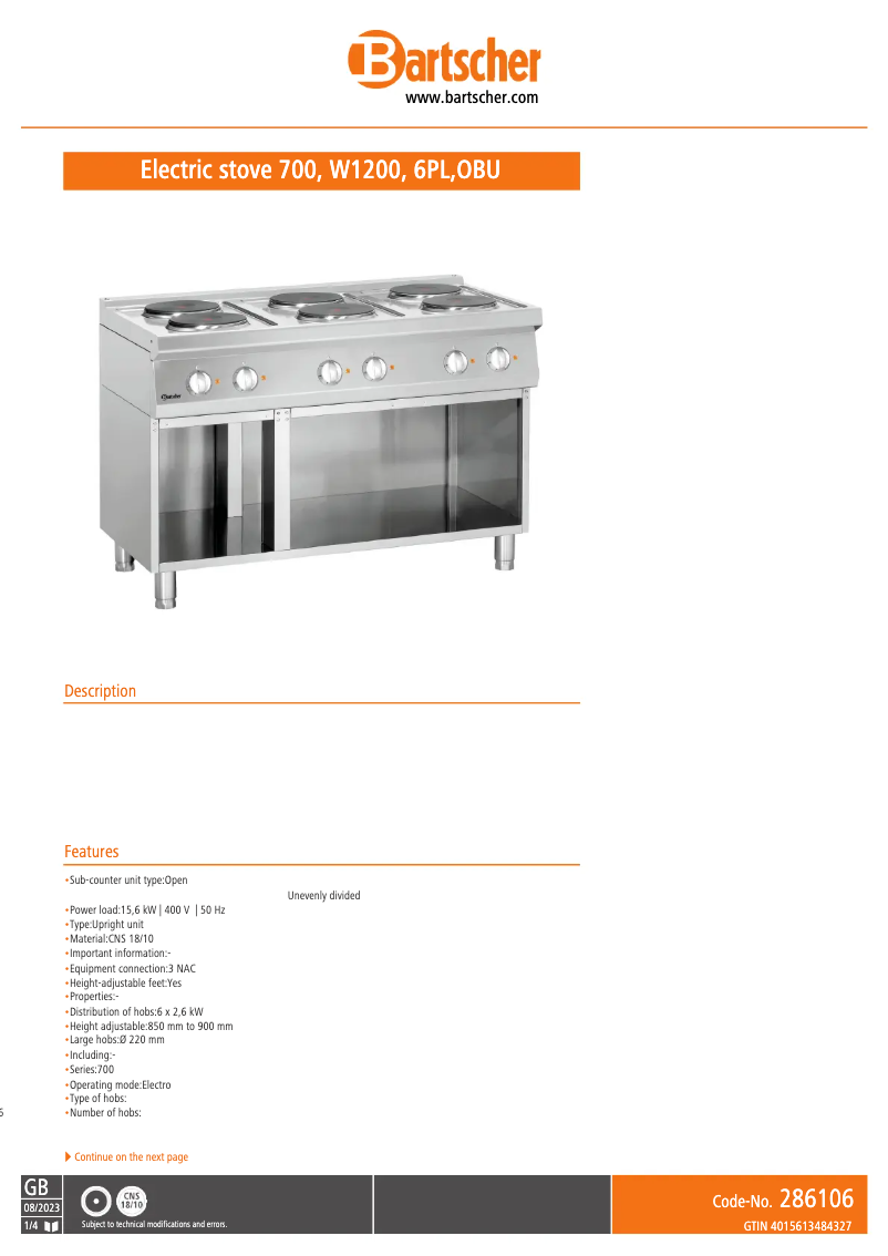 Page n°1 - Fiche technique Bartscher 286106