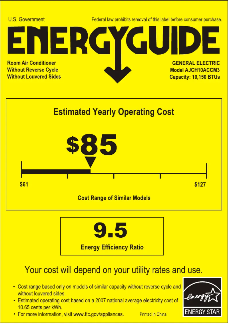 Page 1 de la notice Label énergétique GE AJCH10ACC