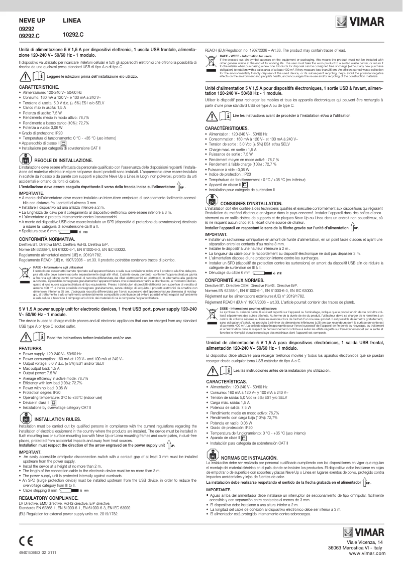 Page 1 de la notice Manuel utilisateur Vimar 09292.C