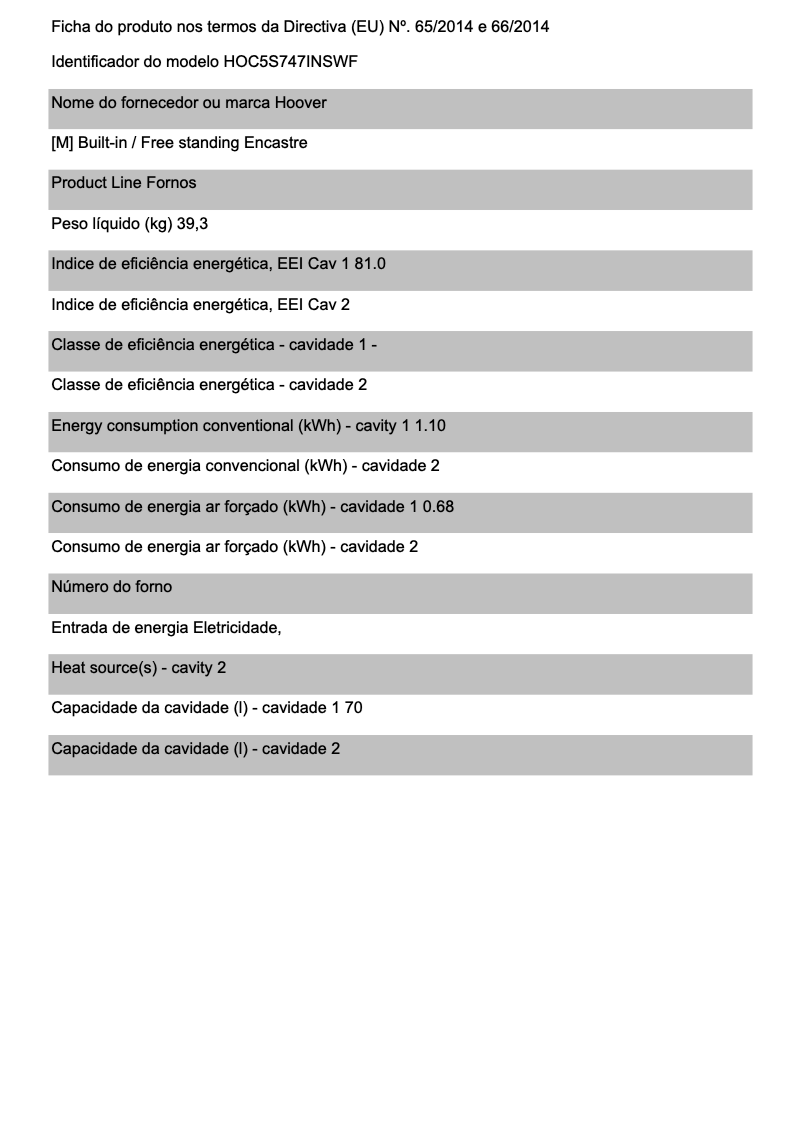 Page n°1 - Fiche technique Hoover HOC5S747INSWF