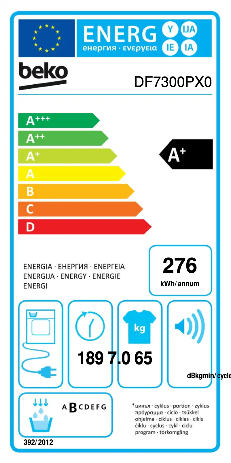 Page n°1 - Label énergétique Beko DF7300PX0