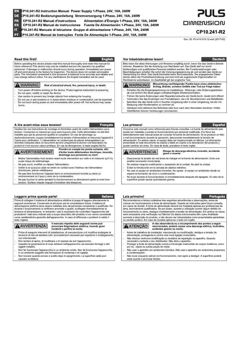 Page n°1 - Manuel utilisateur Puls Dimension CP10.241-R2