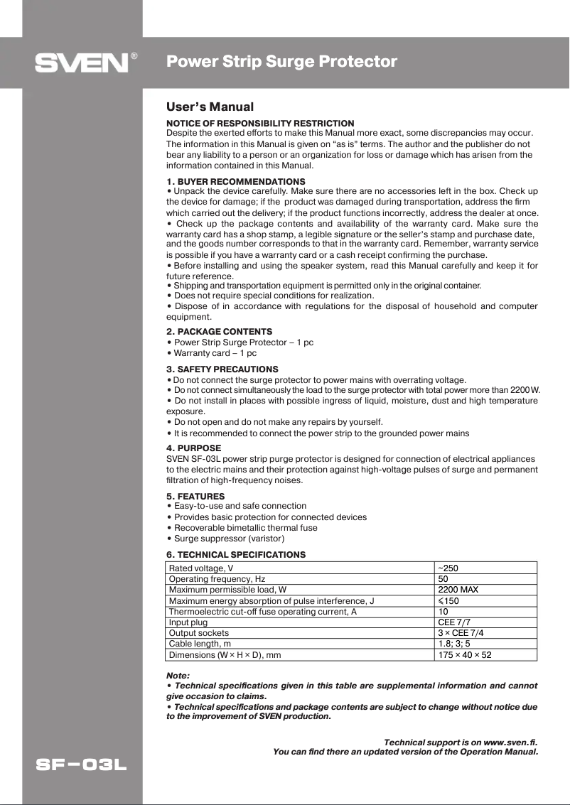 Page n°1 - Manuel utilisateur Sven SF-03L