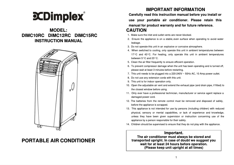 Page 1 de la notice Manuel utilisateur Dimplex DIMC12RC