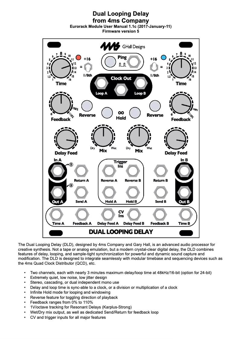 Page n°1 - Manuel utilisateur 4ms Dual Looping Delay