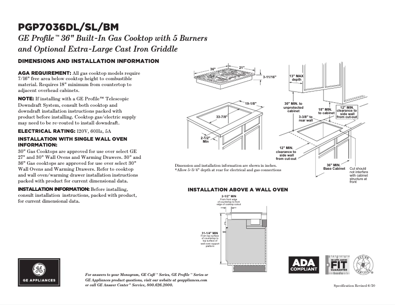 Page 1 of the manual Technical Sheet GE Profile PGP7036DLWW